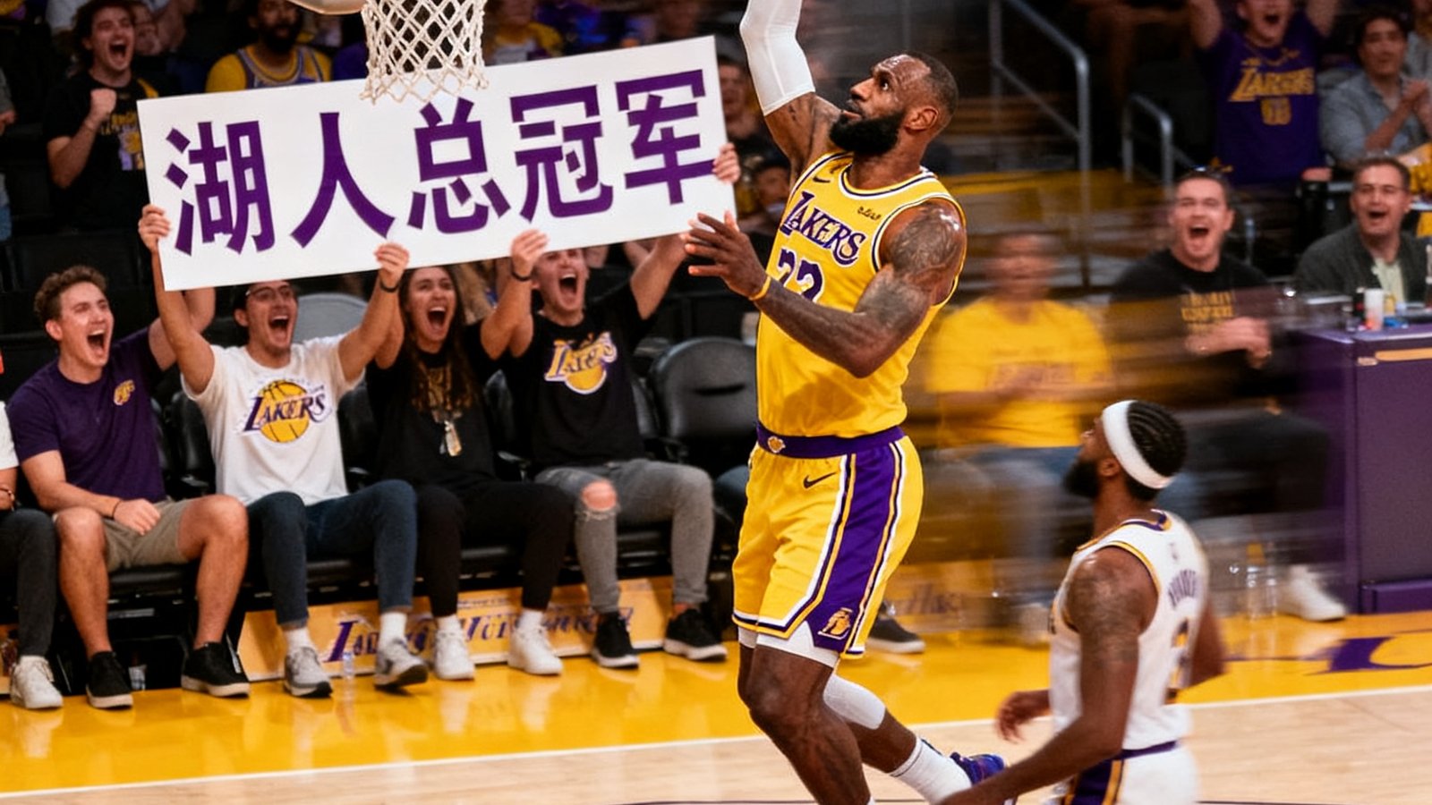 NBA季后赛湖人vs掘金，勒布朗·詹姆斯突破上篮，场边球迷高举标语