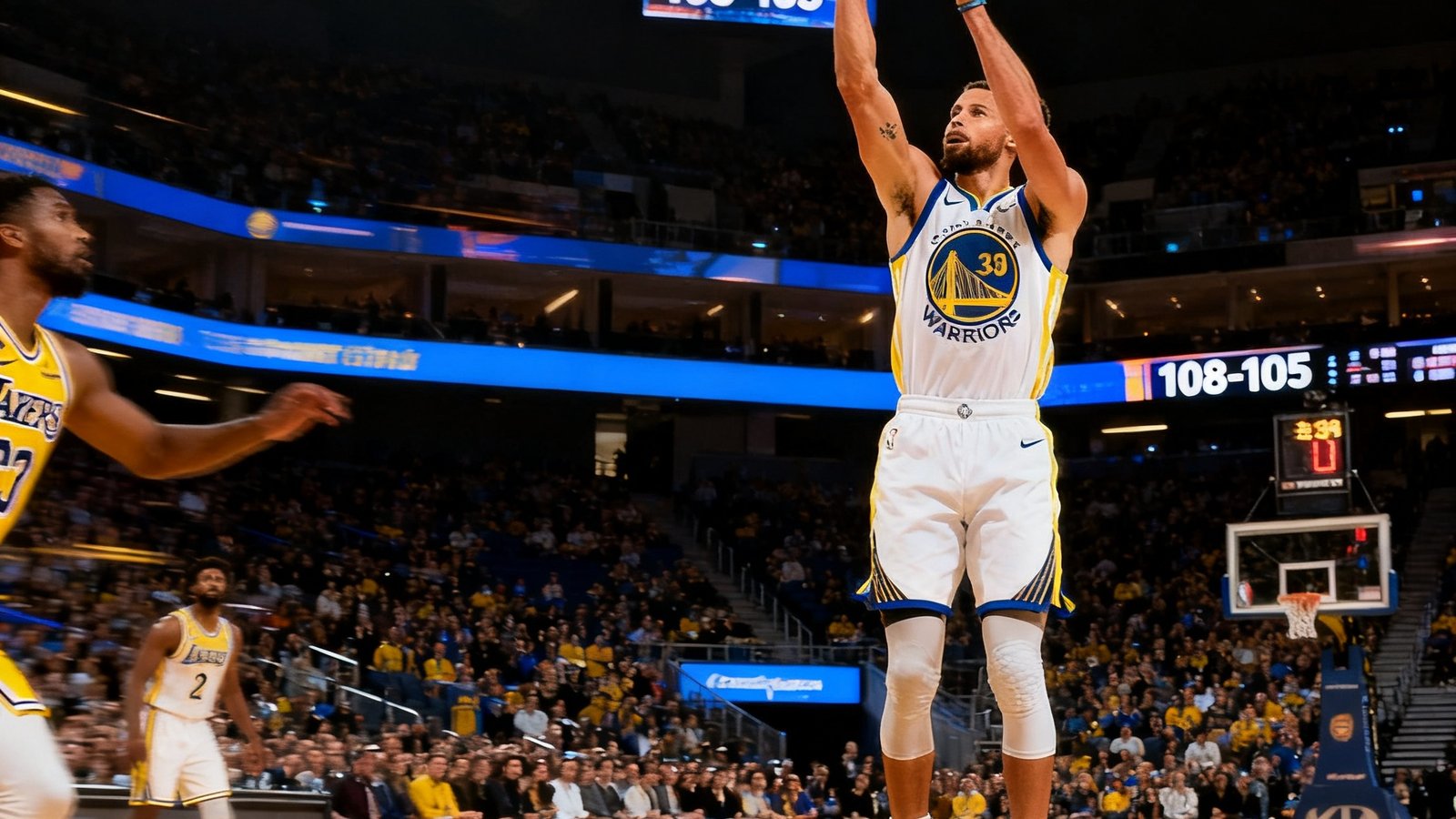NBA直播湖人vs勇士，斯蒂芬库里出手三分，比分牌显示108-105